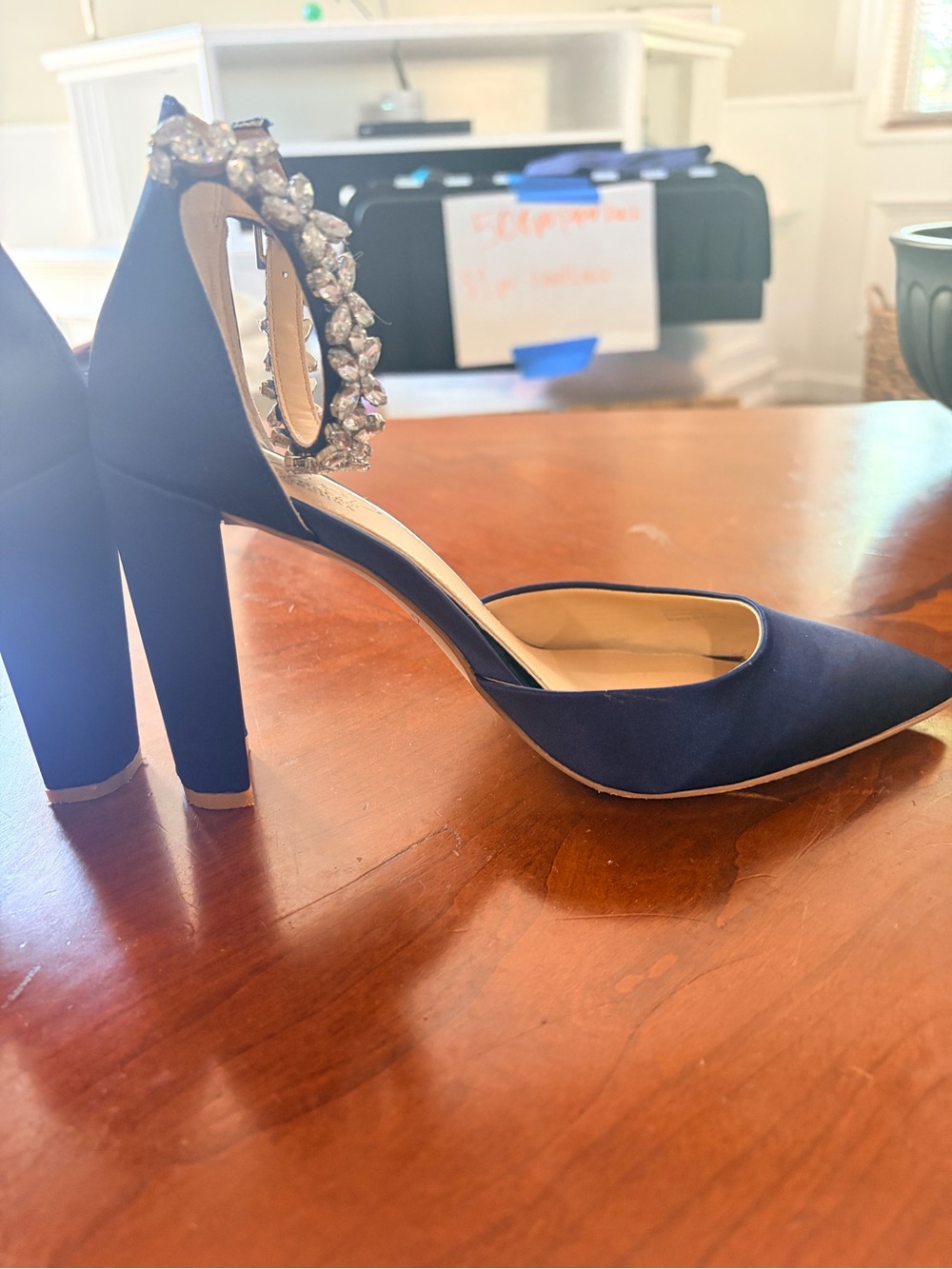 Jewel Badgley Mischka Blue Satin Pointed-Toe Heels with Crystal Ankle Straps - Picture 6 of 10